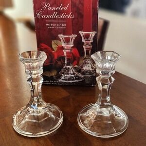 Vintage Paneled Glass Candlesticks – Pair